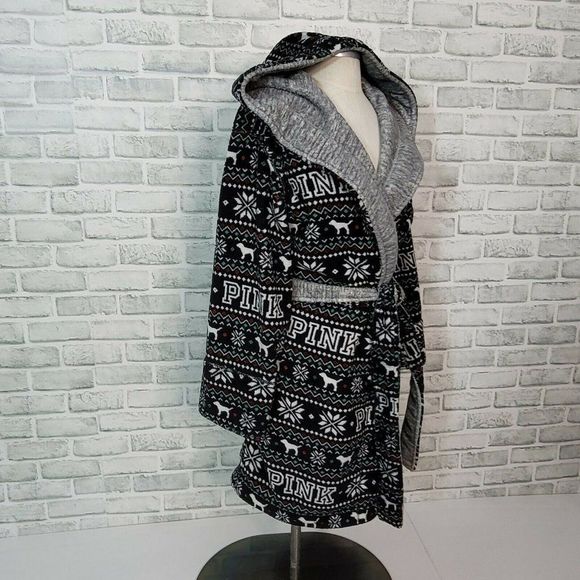 Victorias Secret Pink XS/S Plush Fleece Reversible Fair Isle‎ Hooded Robe - Picture 4 of 8
